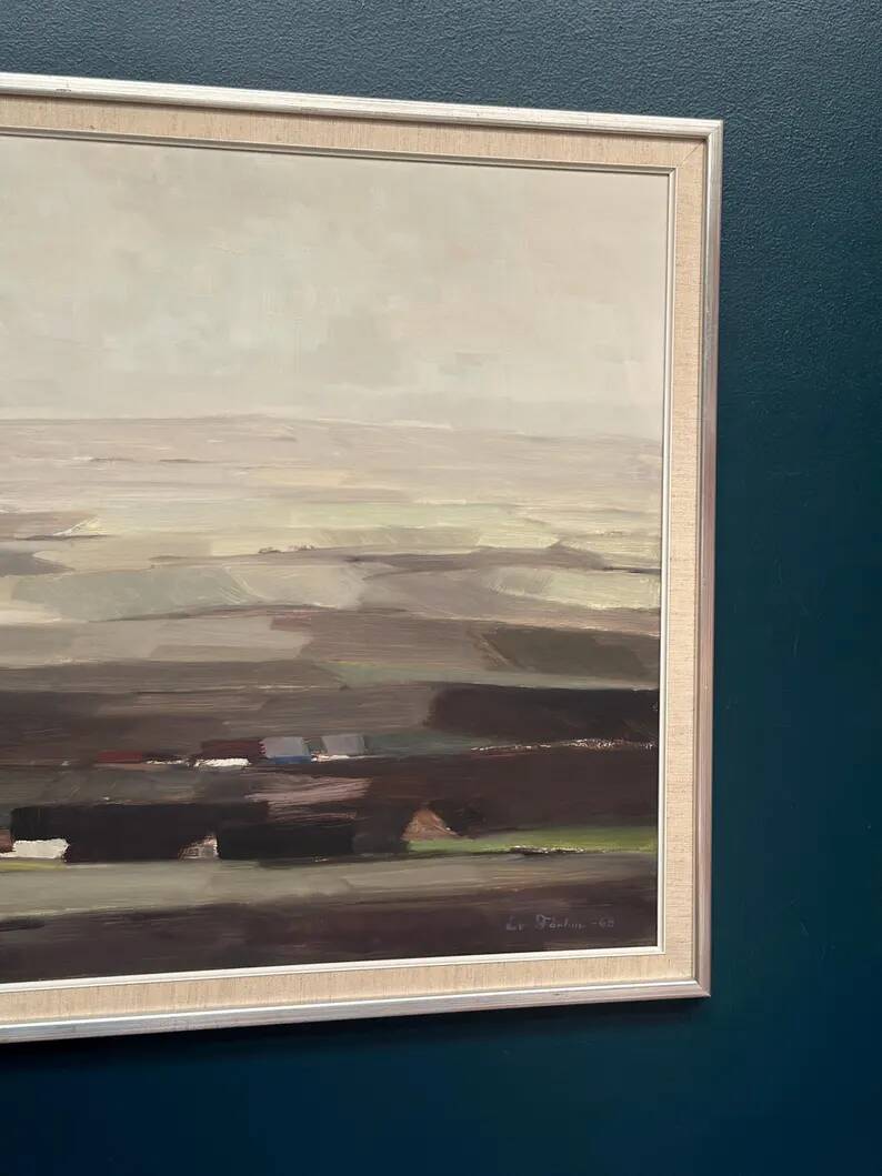 Oil on panel original Swedish - "House in a flat landscape" by Evert Färhm - Dated 1968 - vintage and framed - 81 × 68 cm (31.9" × 26.8")