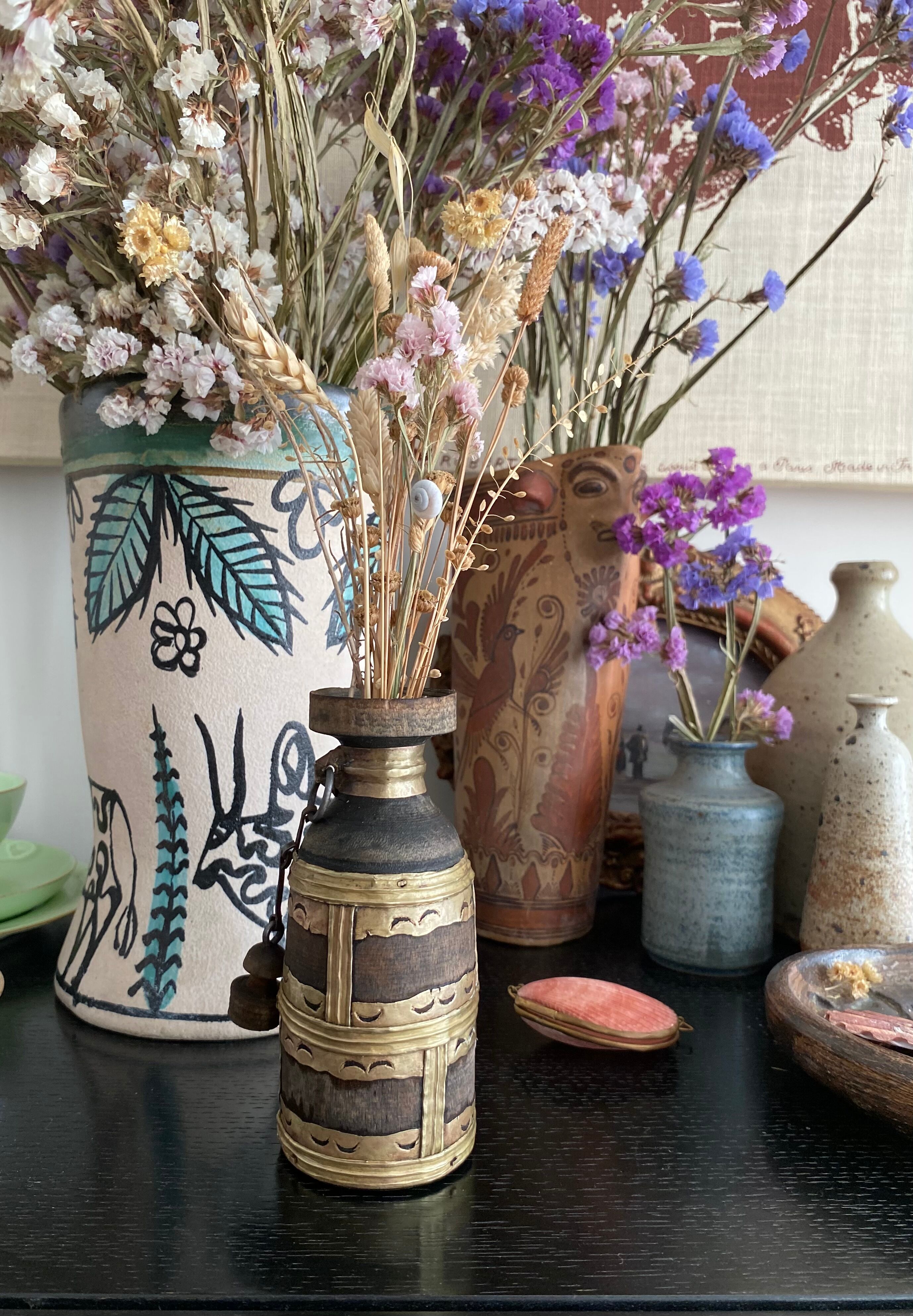 Indian wood and brass bottle