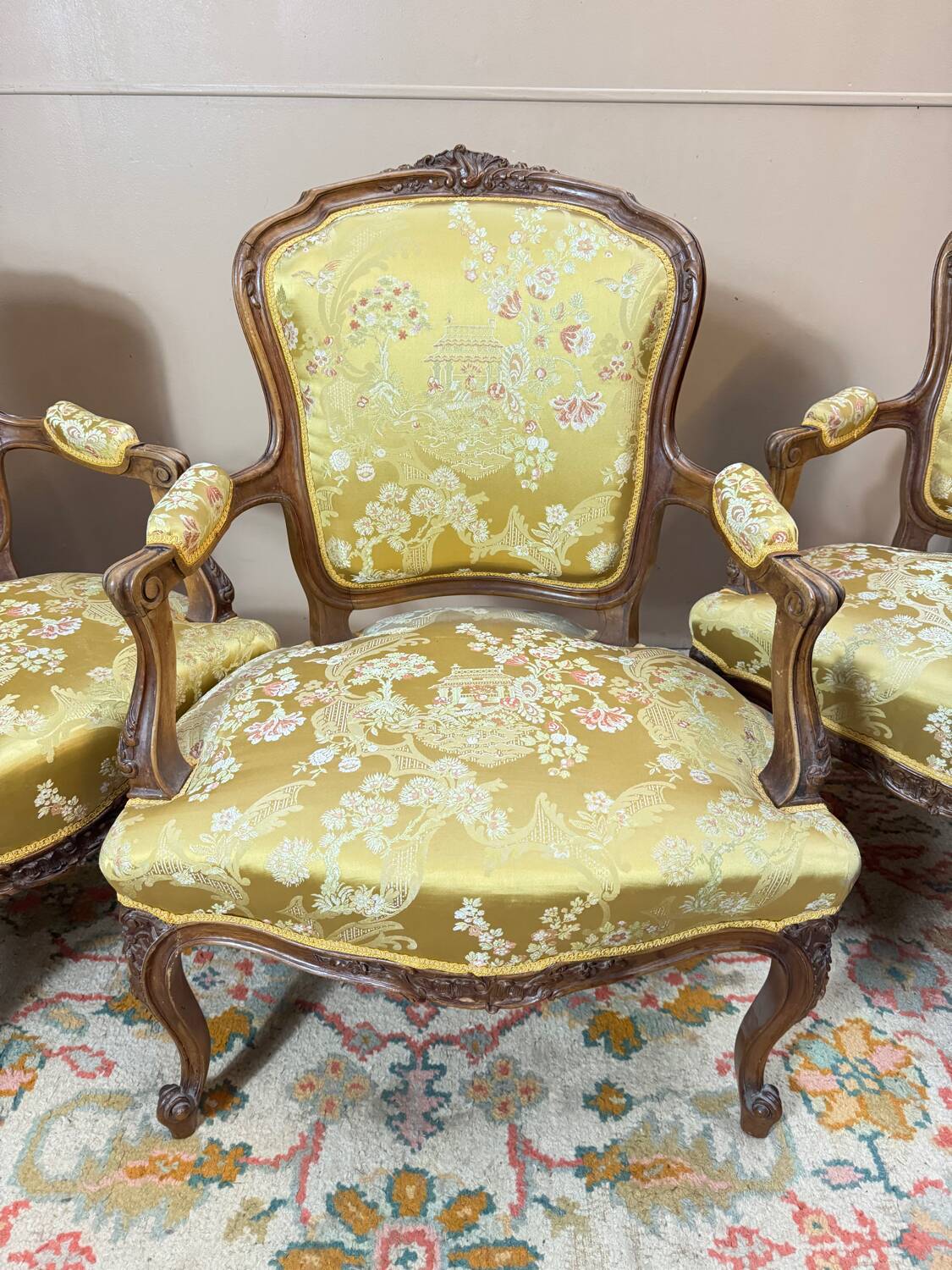 Mercer brothers set of three walnut armchairs in louis xv style xix