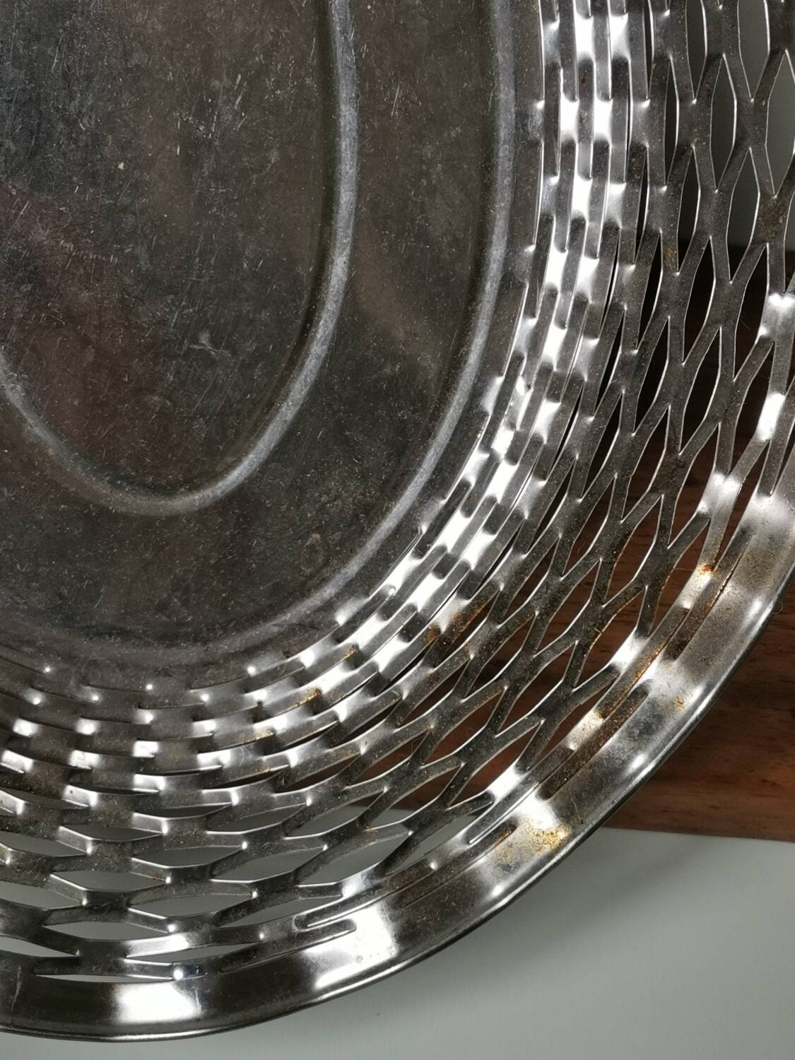 Vintage stainless steel bread basket expanded metal France