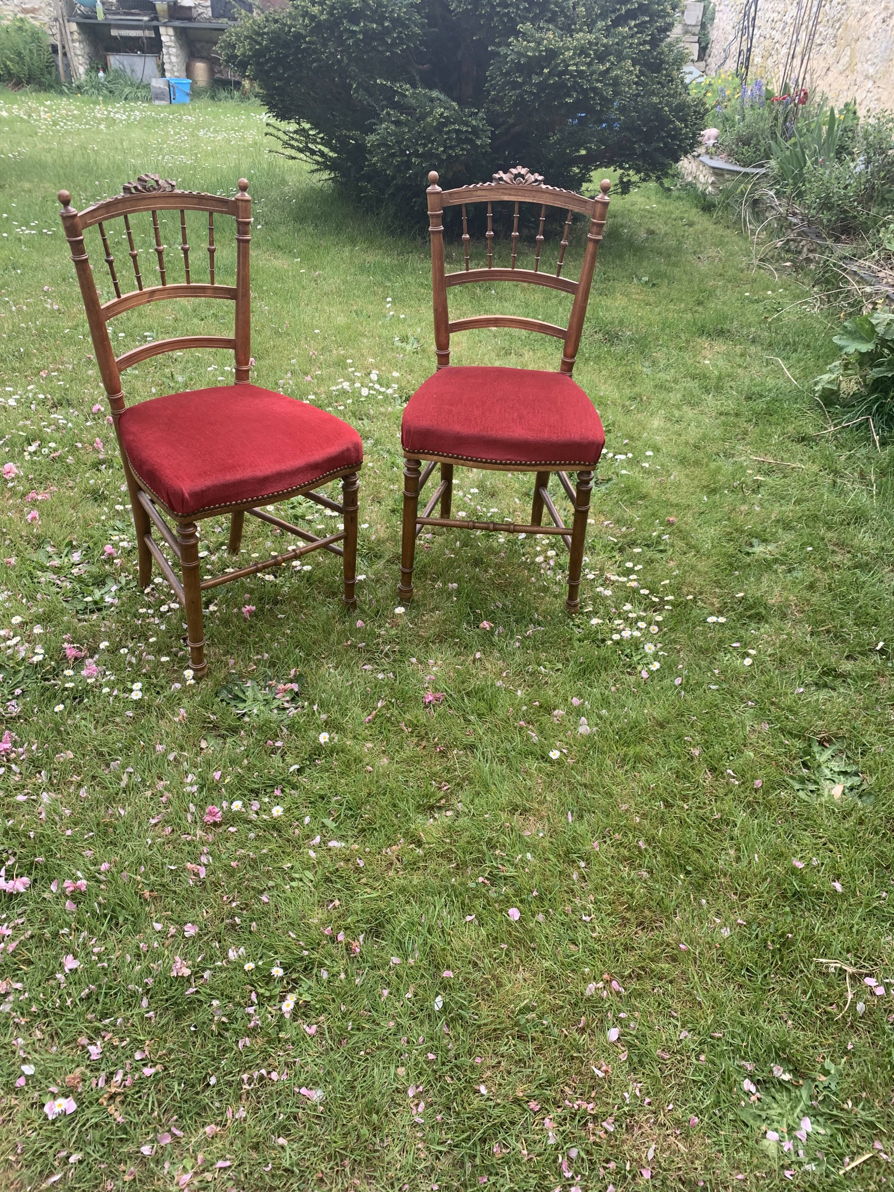 Pair of Napoleon III chairs in wood and red velvet