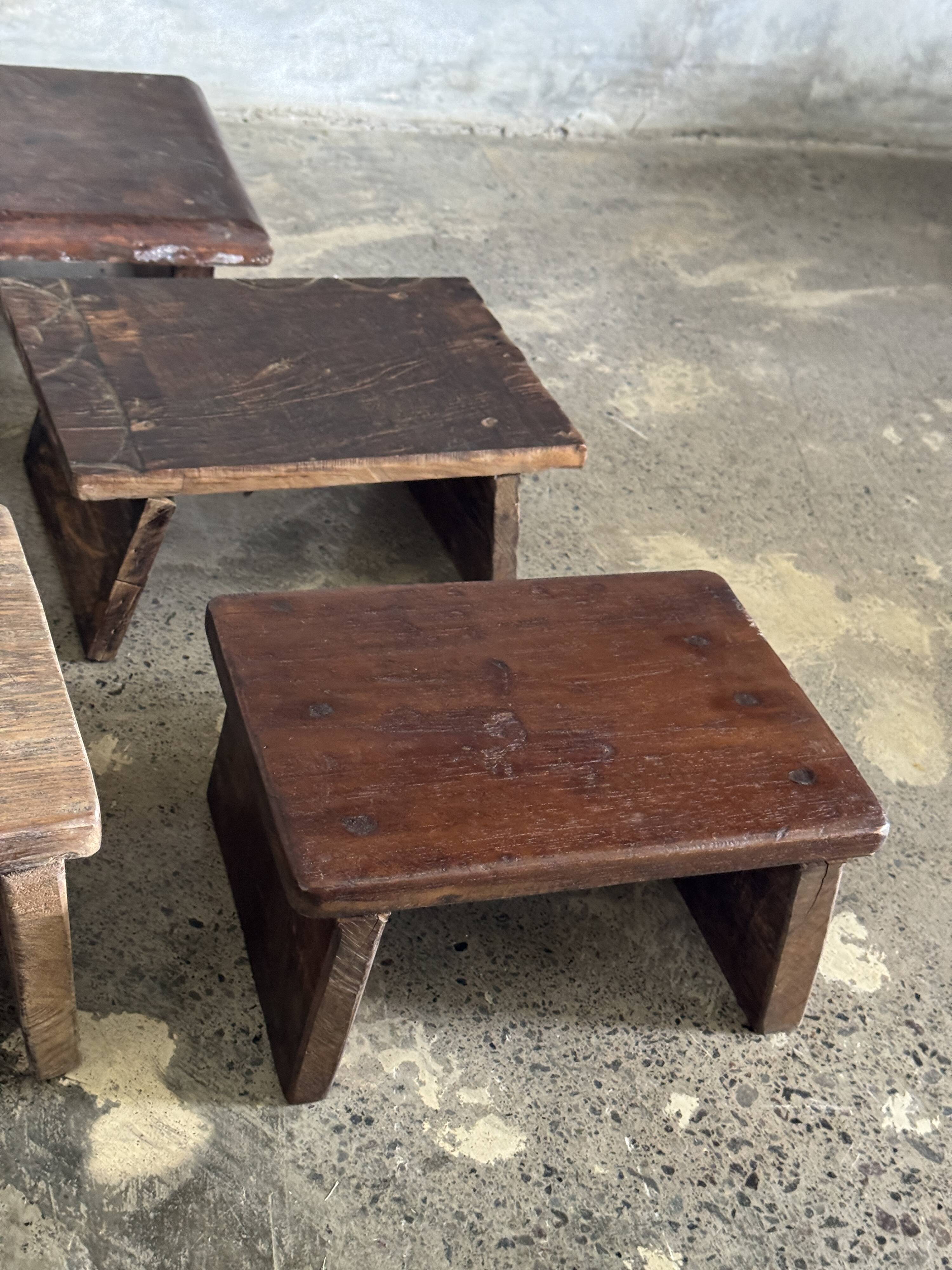 Small auxiliary stool in dark brown upcycled teak wood, engraved (3275)