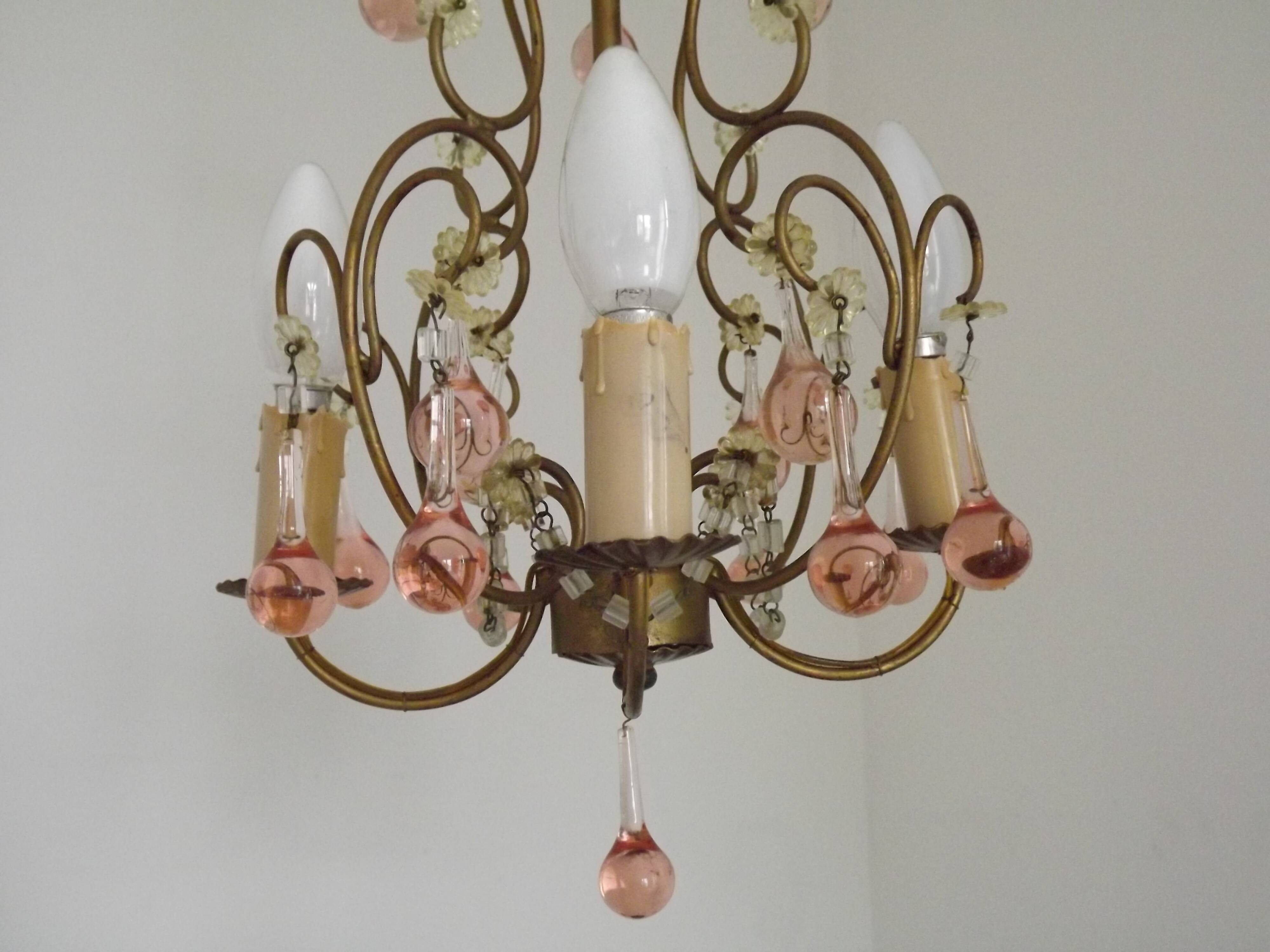 French Vintage 4 Light Metal Cage Chandelier with Bead Swag and Pink Murano Drops