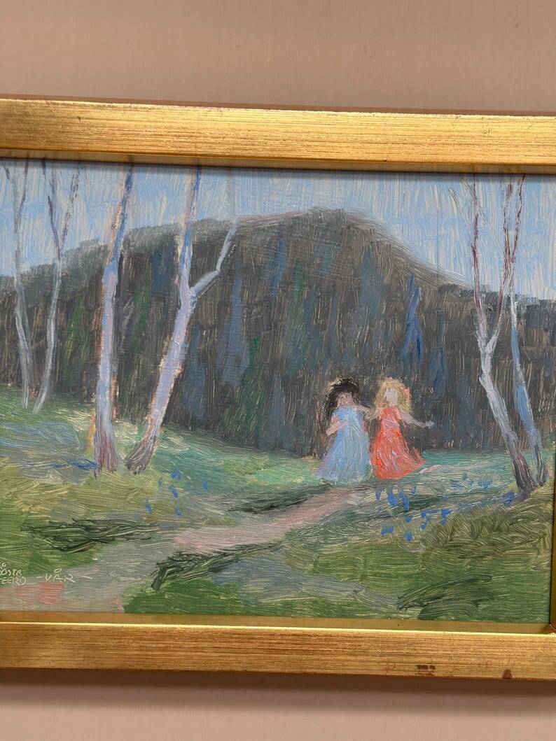 Mid-Century Swedish Oil panel “Sisters” by Gösta Geerd, Vintage & Framed 28×25cm