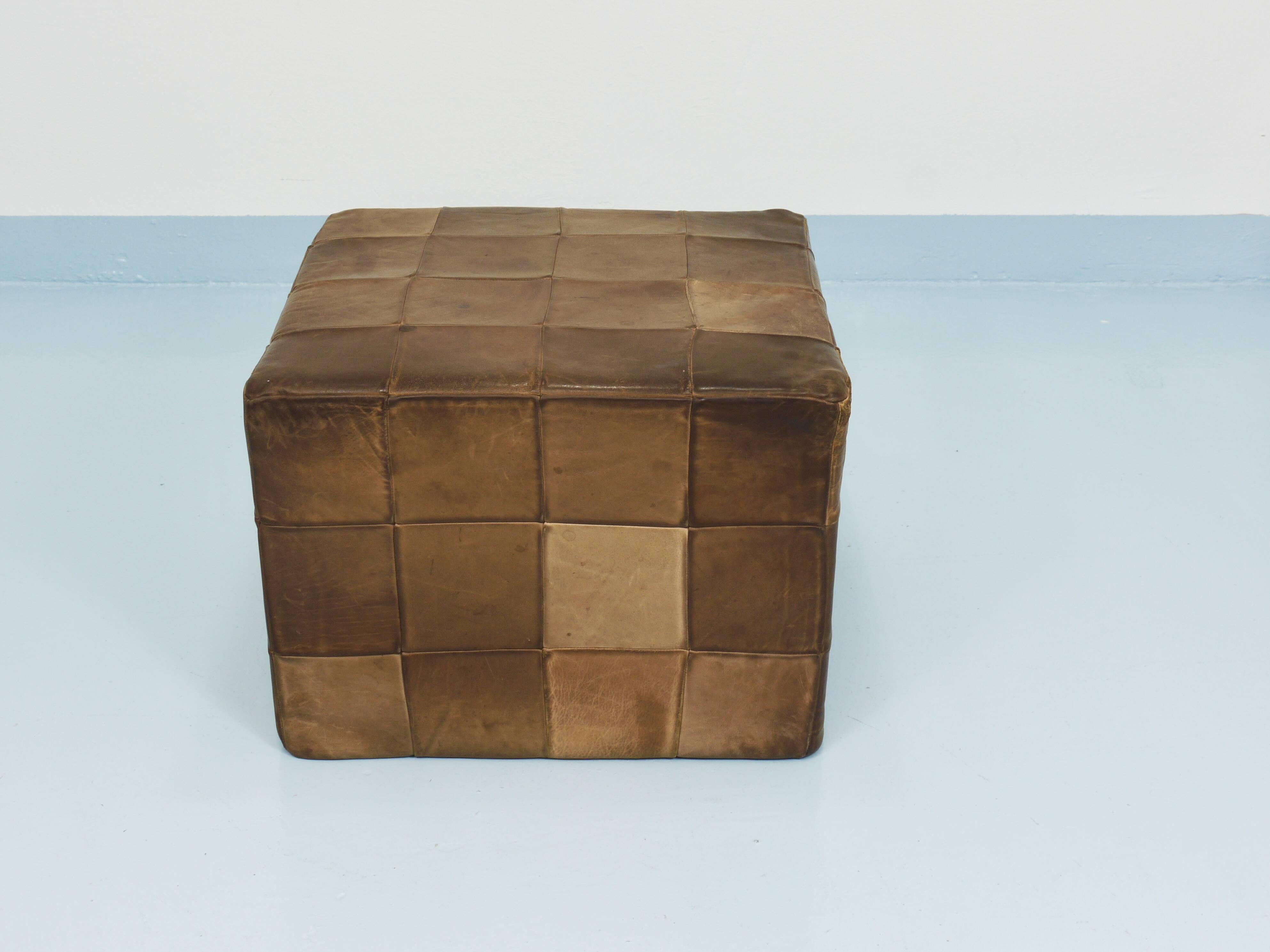 De Sede Patchwork Leather Cube Stool, Pouf, Ottoman, Switzerland, 1970s
