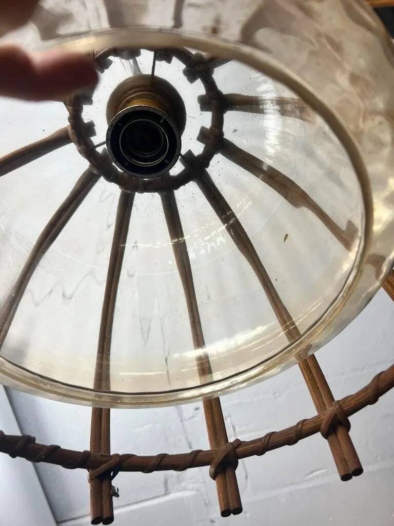 Vintage rattan pendant lamp with glass shade and cord accent