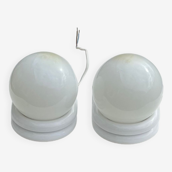 Pair of white and opaline metal wall lights