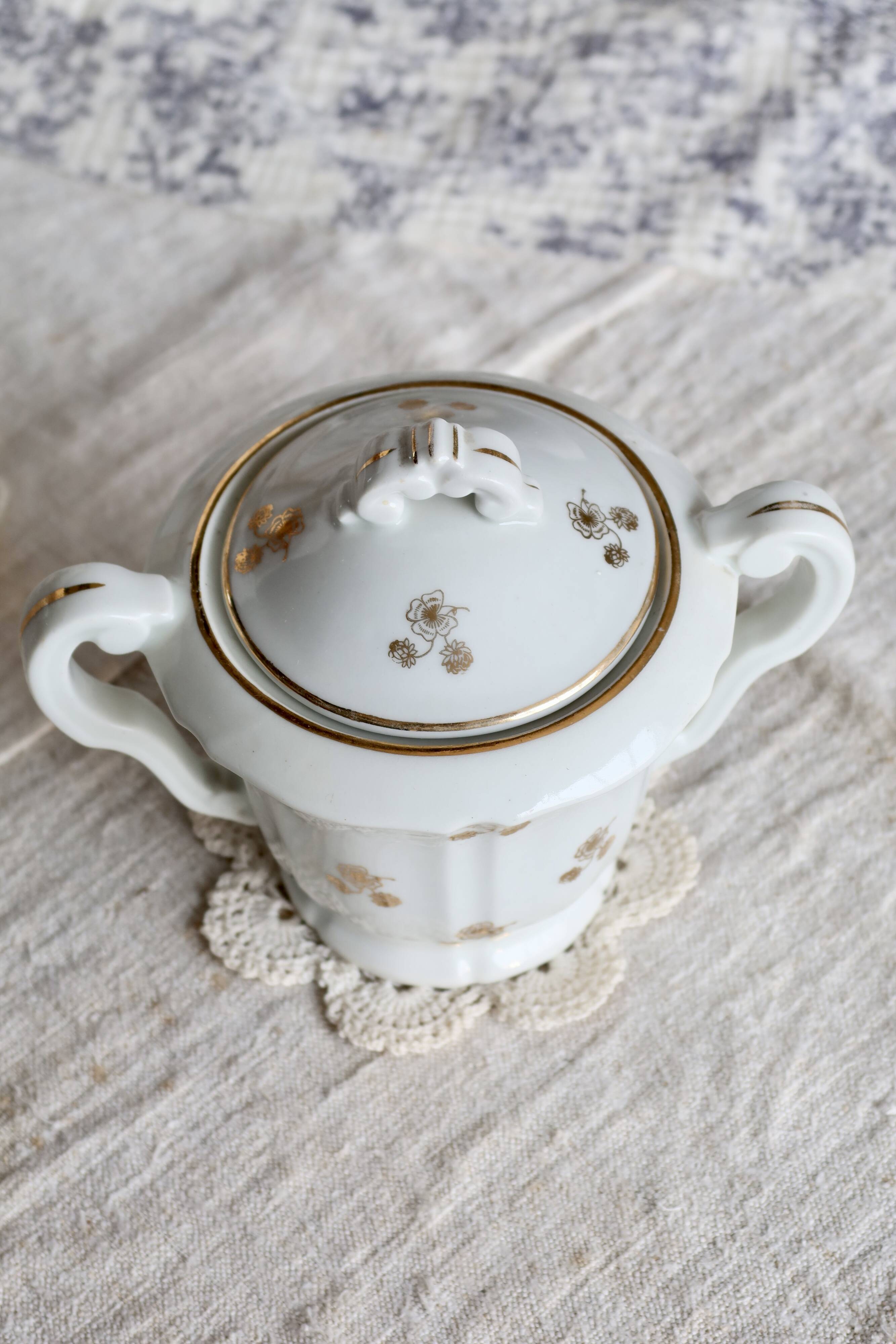 Antique PFC France porcelain sugar bowl with double handles – Gold floral decoration