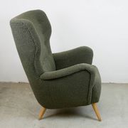 Fauteuil Wingback bouclé gris-vert, Autriche années 50