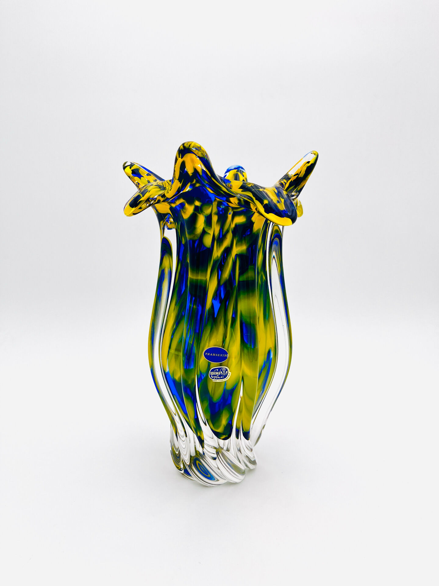 Vase Josef Hospodka Chřibská Macchia Blue Yellow Bohemian Glass 60s
