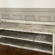 Old workbench, a piece of wooden and metal furniture.