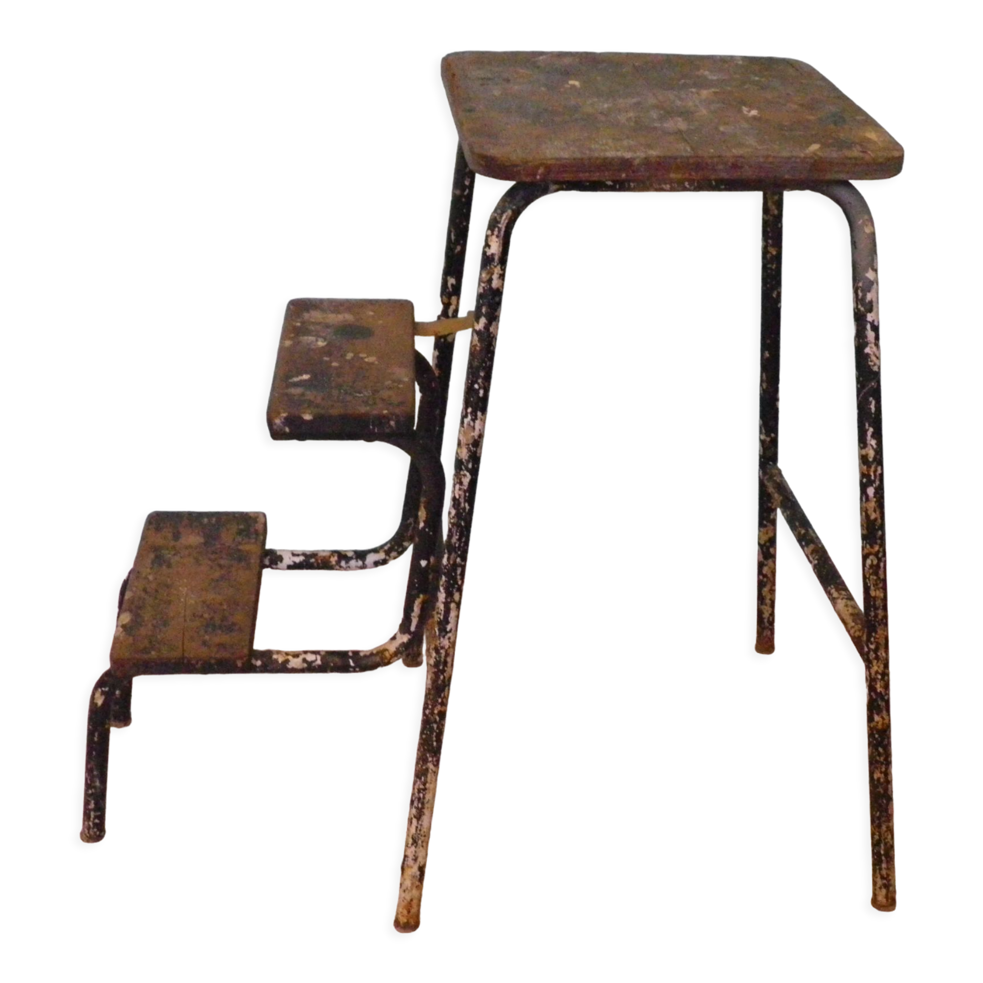 Workshop stepladder, retractable steps, antique, metal and wood, patina look