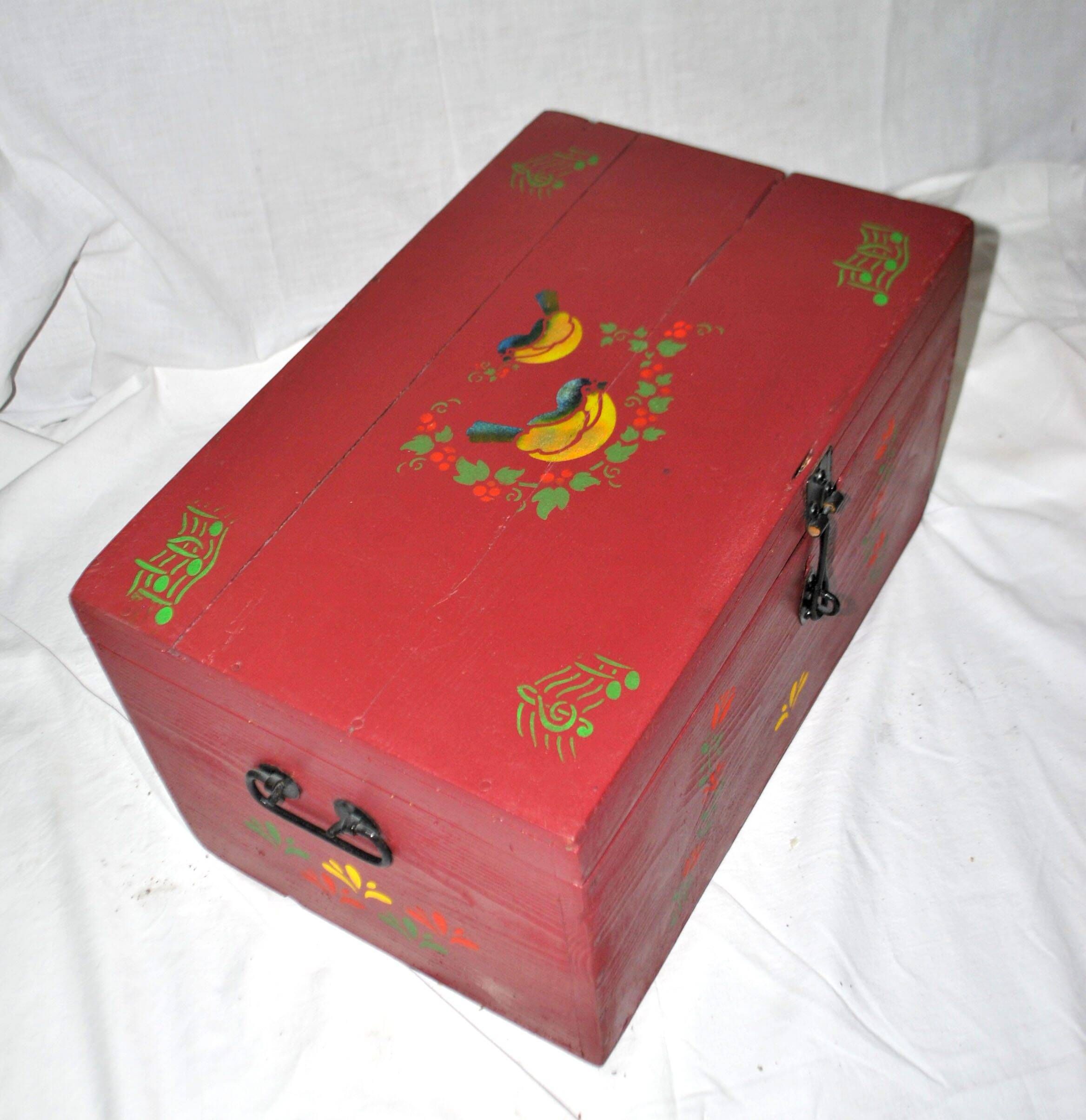 Vintage wooden trunk – toy chest or music box with painted stencil bird decoration.