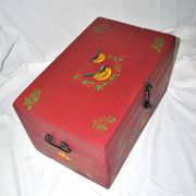Vintage wooden trunk – toy chest or music box with painted stencil bird decoration.