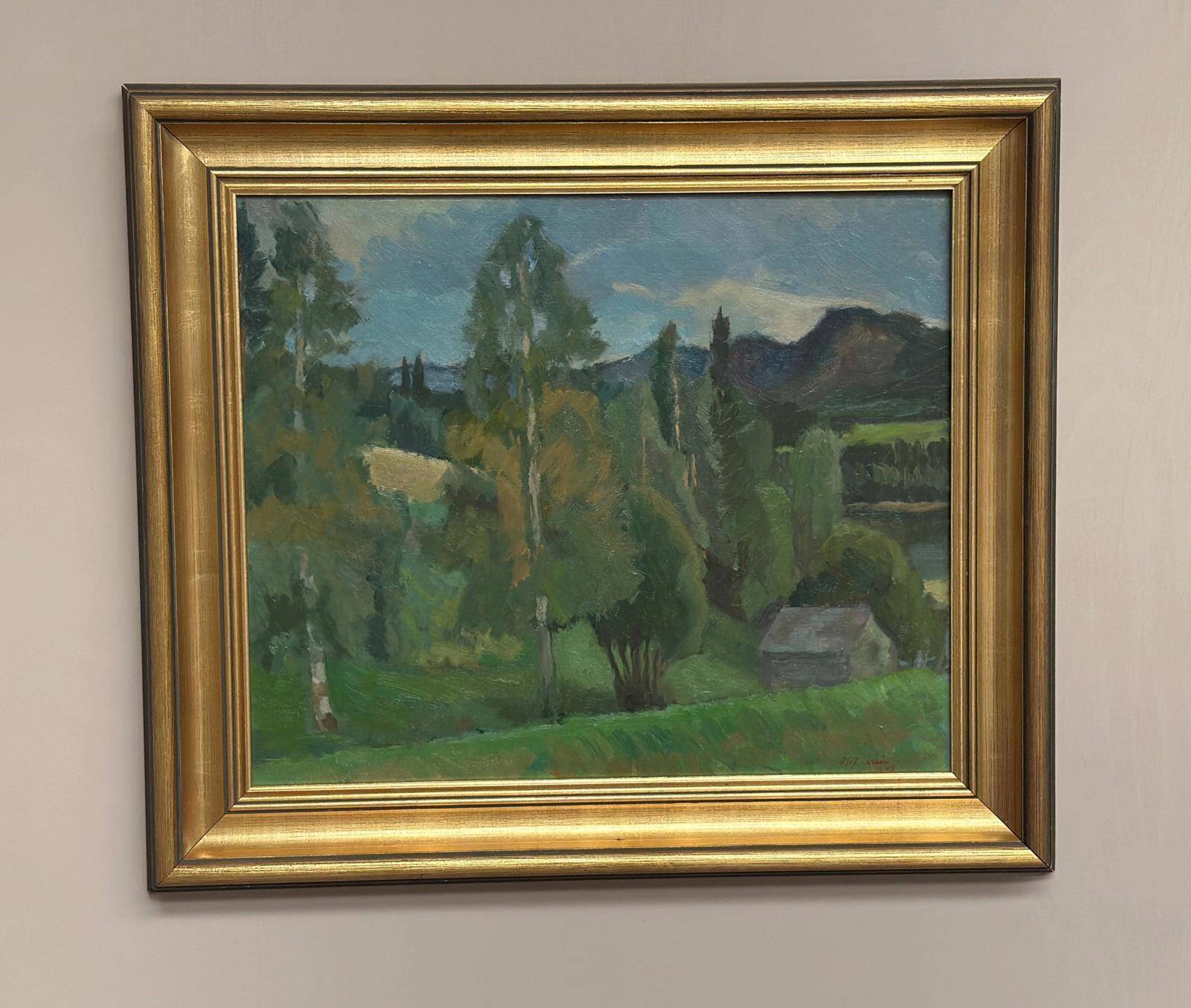 Huile sur panneau originale suédoise – « Paysage luxuriant » par Olof Larsson – Vintage et encadrée
