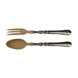 Cutlery with salad in filled silver (minerva hallmark) and ivory, late nineteenth