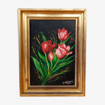 Painting bouquet of tulips on canvas