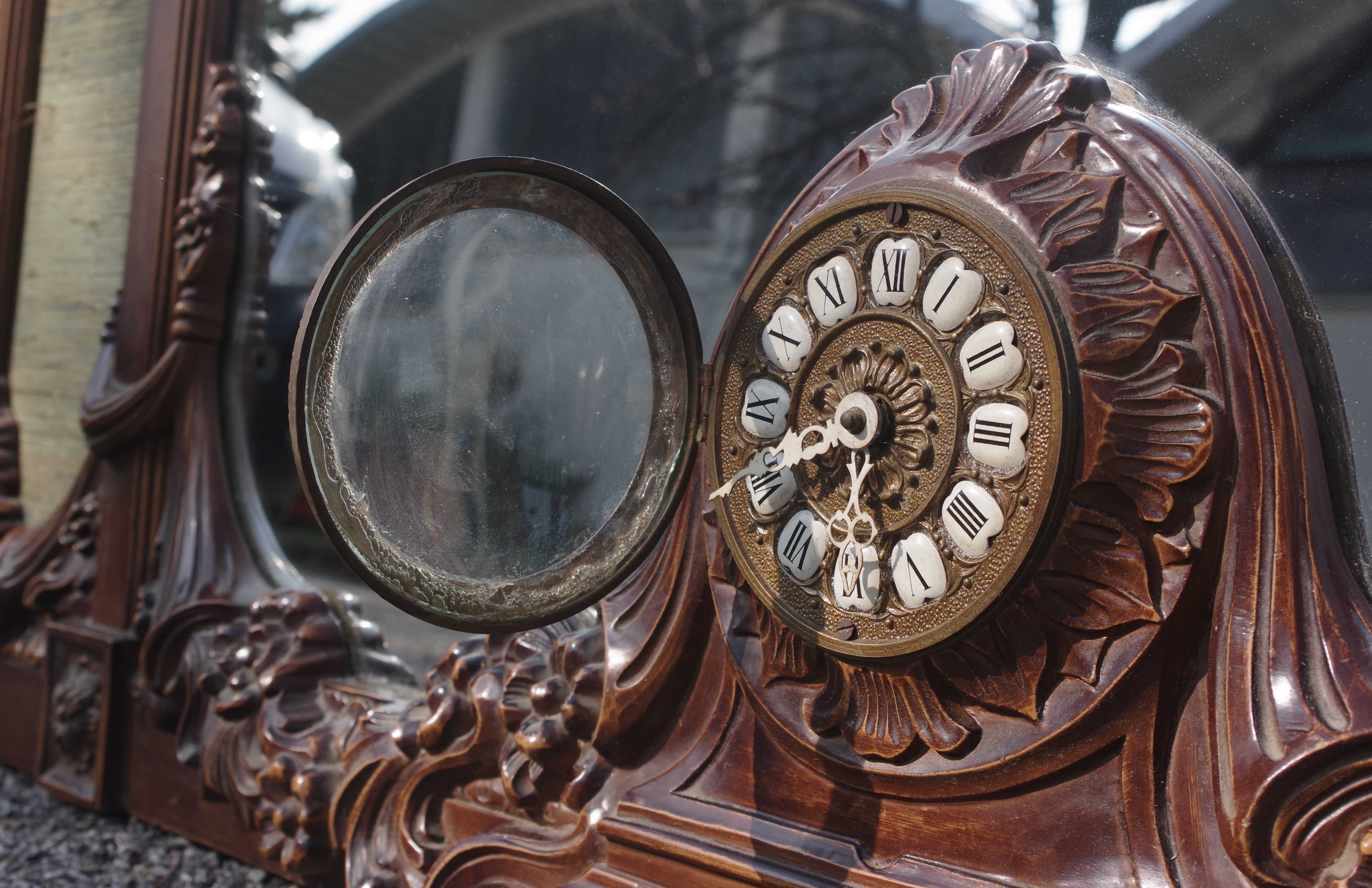 Wooden mirror with clock, 1960