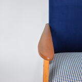 Vintage original 60s armchair, refubrished, blue velvet, poule fabric