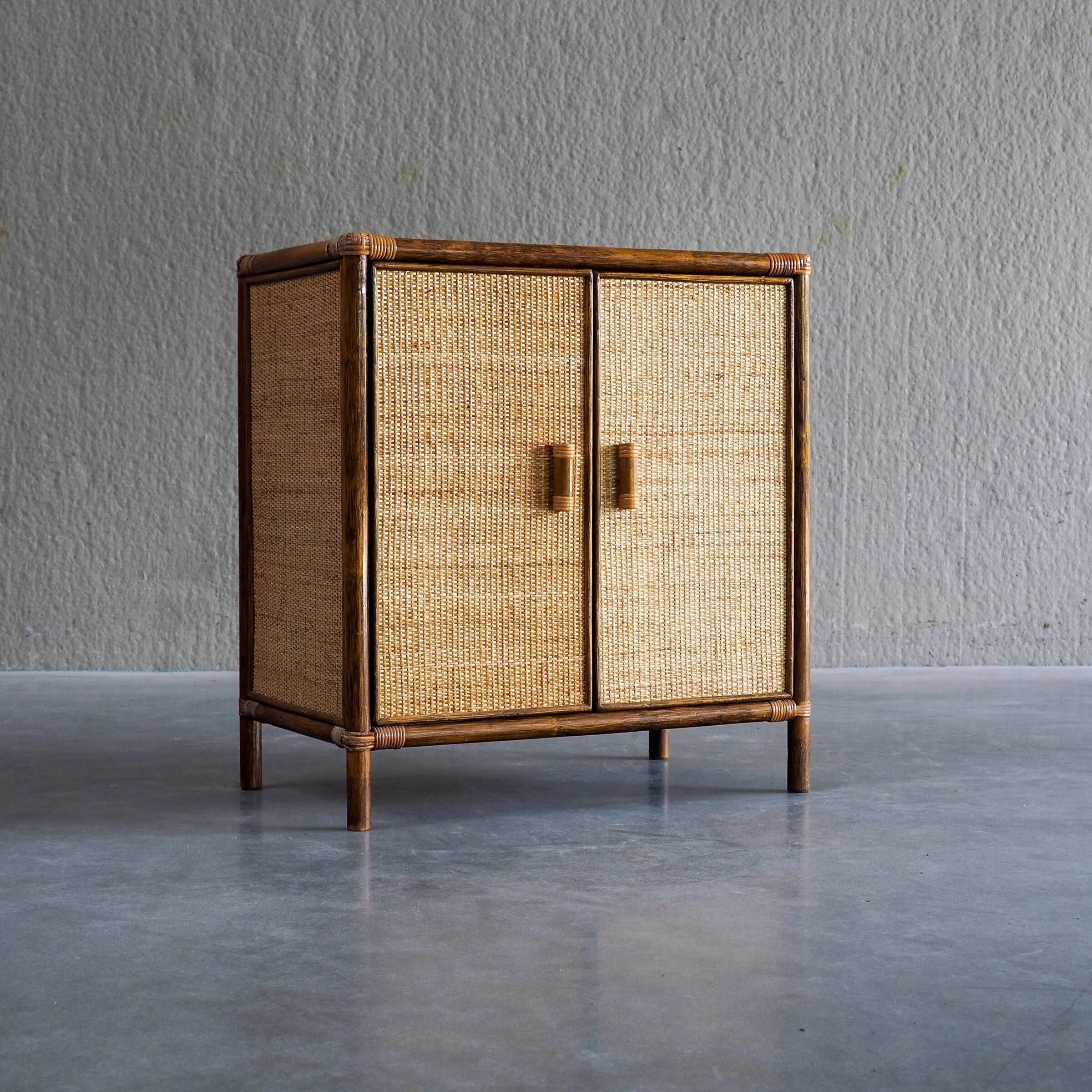 Vintage rattan & woven cane cabinet with 2 doors