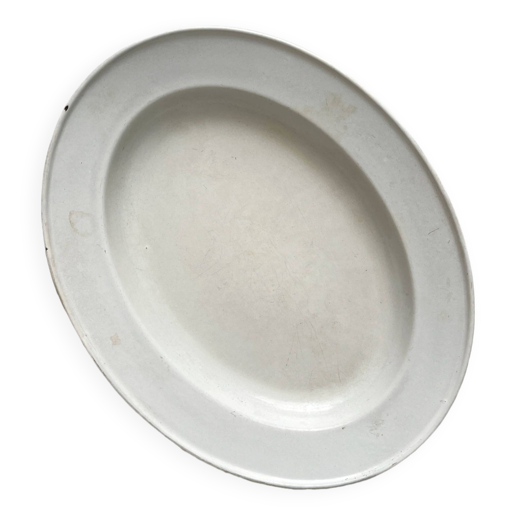 Vintage marbled white and blue enameled sheet metal oval dish