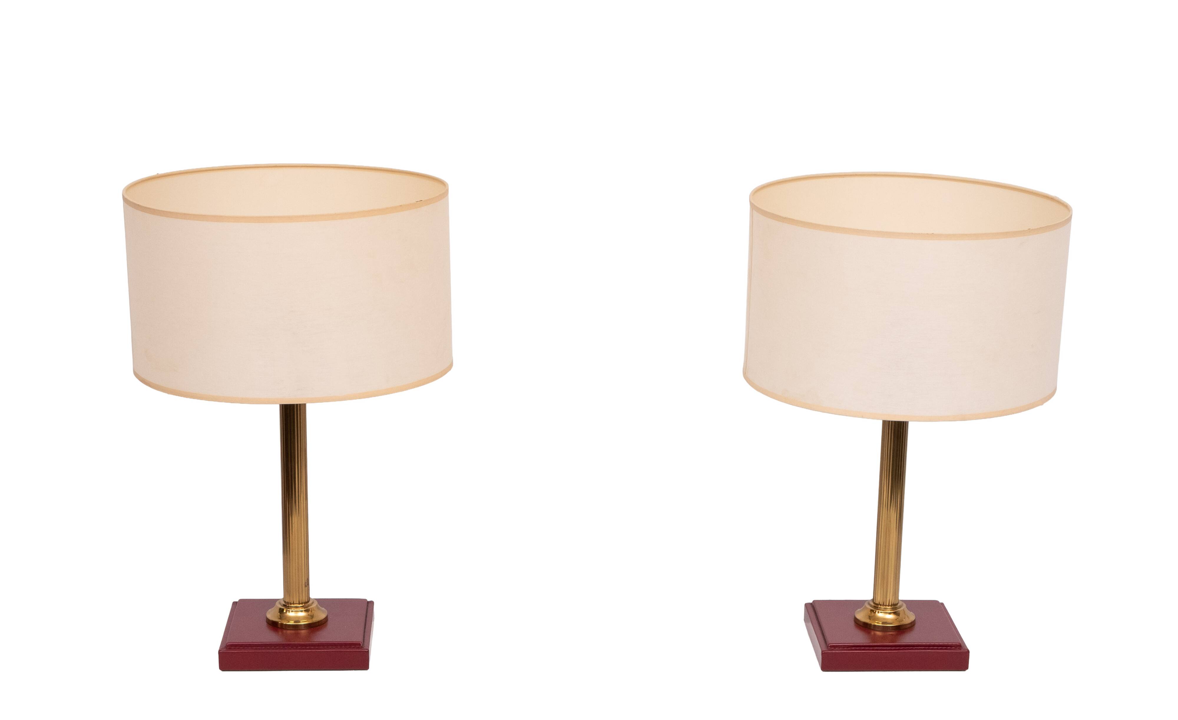 set Jacques Adnet Red Stich Leather Table lamps 1960s France