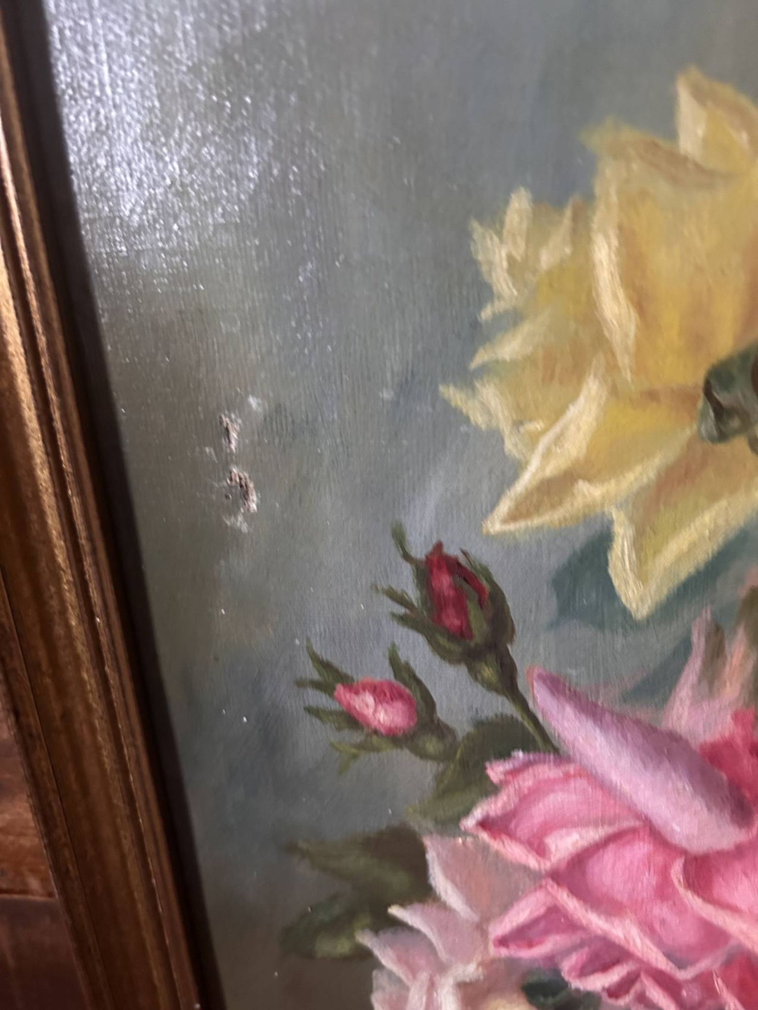 Large antique painting with roses – Oil on canvas from the 1900s – 40 x 102 cm – a large decorative format