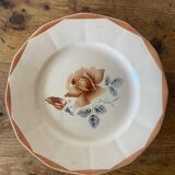 Set of 3 vintage Digoin pink plates, blue & brown stencil pattern
