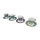 Lot de 4 tasses à café et 4 sous-tasses en porcelaine Bavaria motifs assortis camaïeu bleus et verts