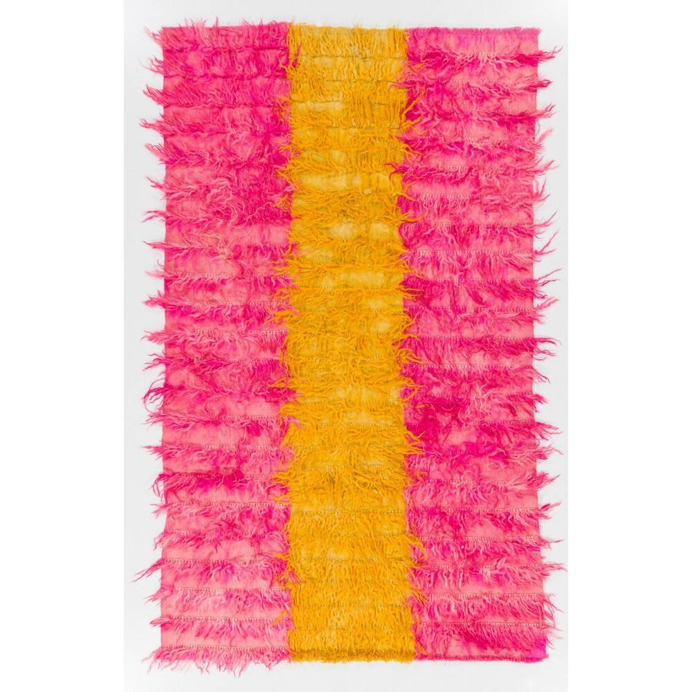 New Hand-Knotted Shag Pile Tulu Rug in Hot Pink and Yellow, 100% Mohair Wool
