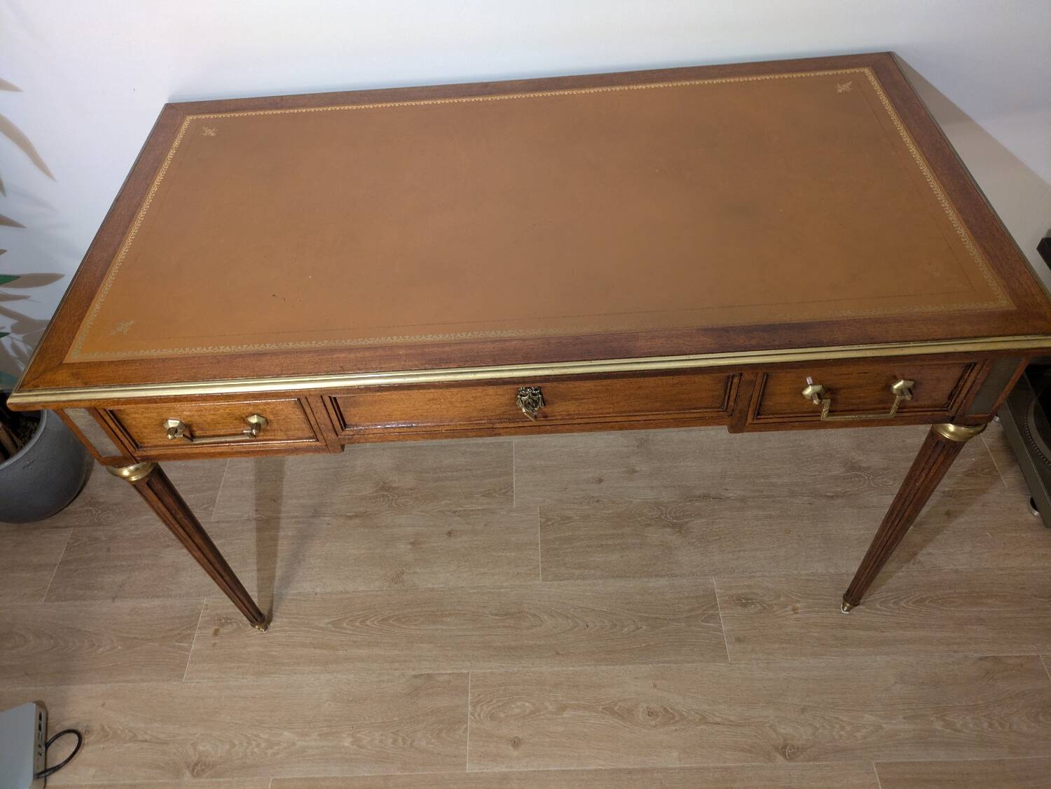 Antique Louis XVI style vintage desk, leather, brass, cherry wood