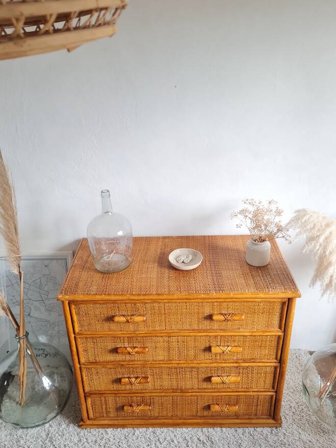 Vintage rattan chest of drawers circa 70s