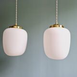 Pair of Scandinavian pendant lights in white satin glass, 1960s