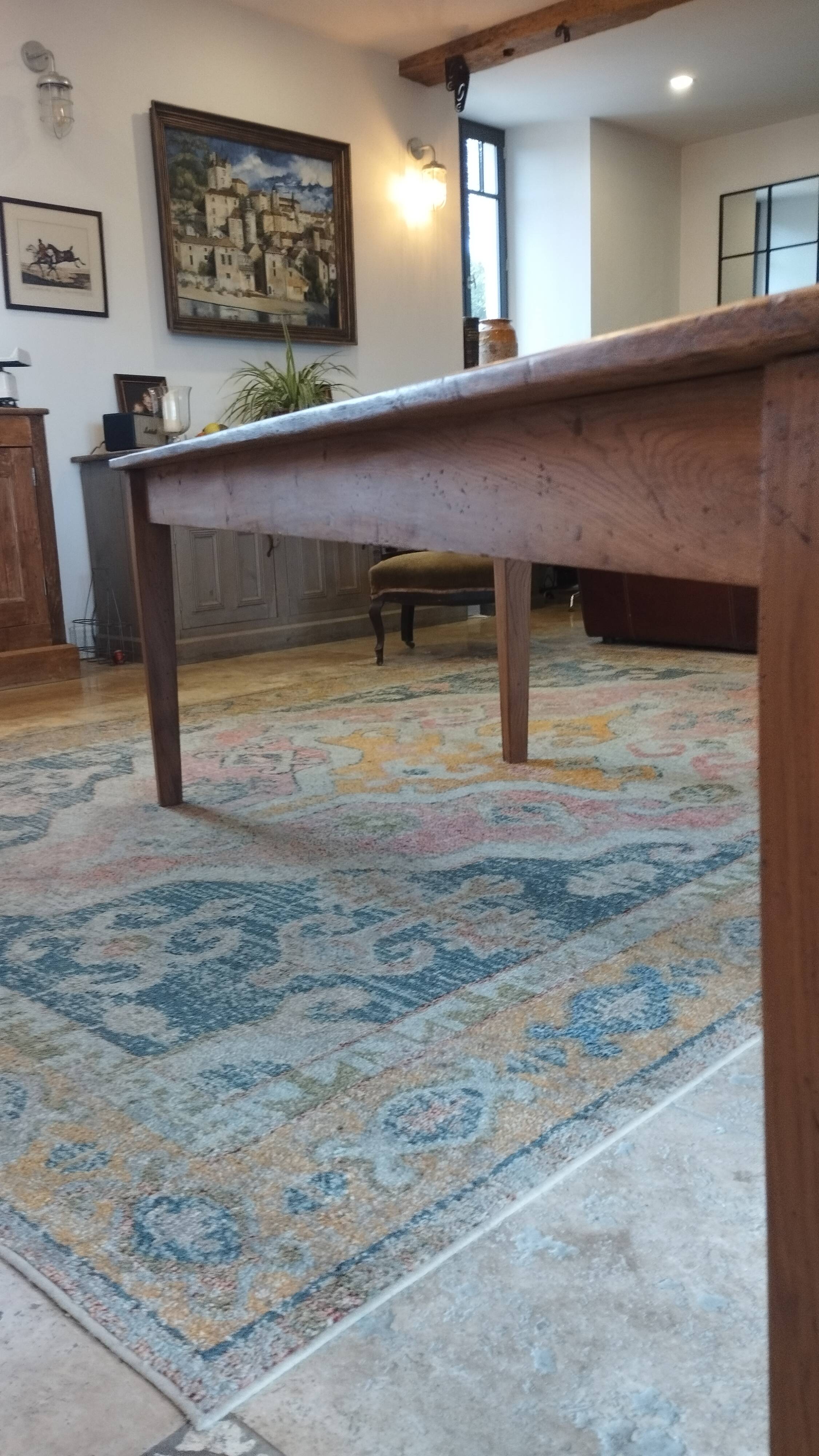 Table de ferme en chêne massif Français.240 x100 patiné avec deux tiroirs.