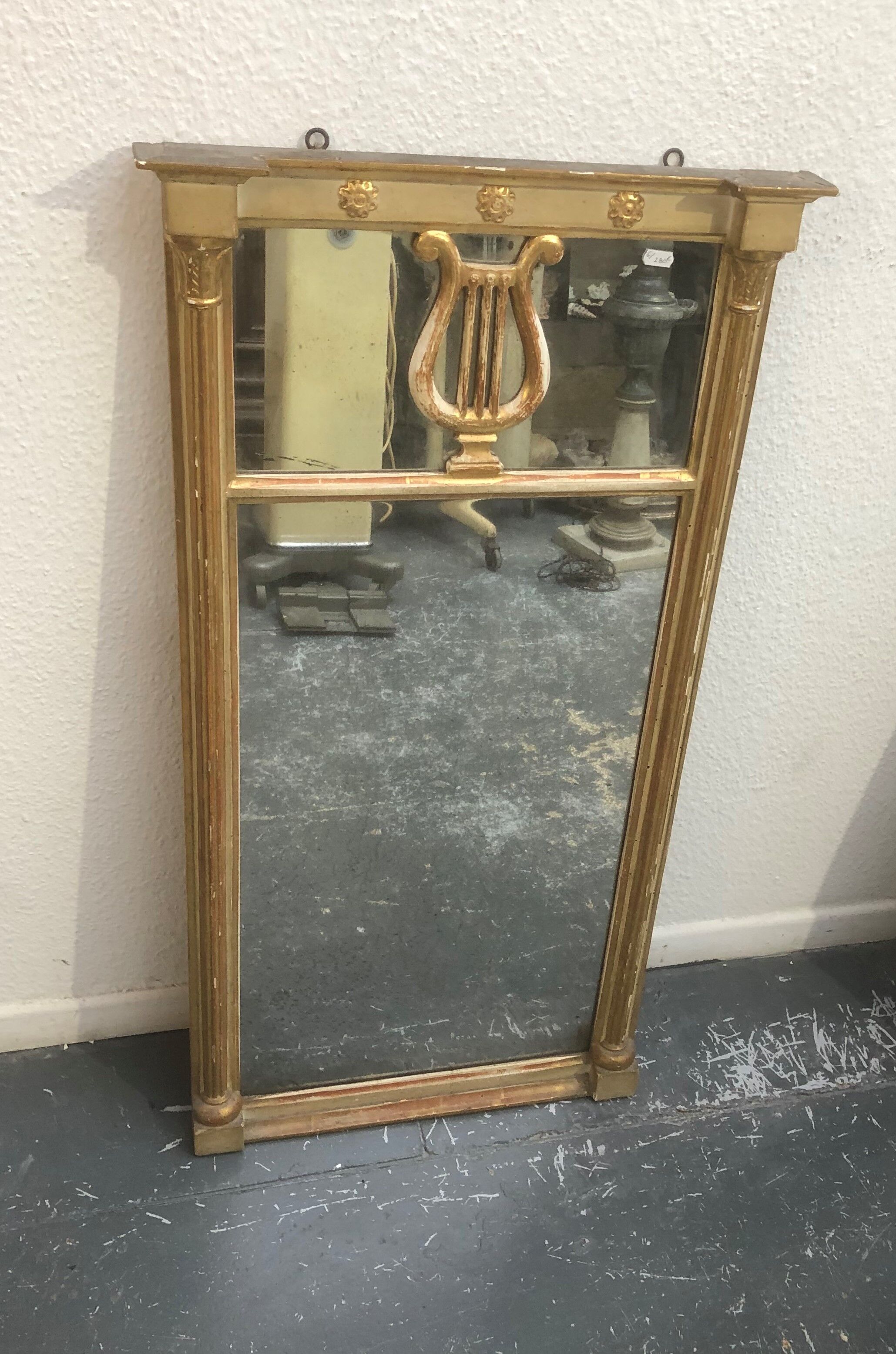 Old wooden mirror and gilded stucco 19th Style Louis XVI Trumeau Décor Columns and Lyre 52x102cm