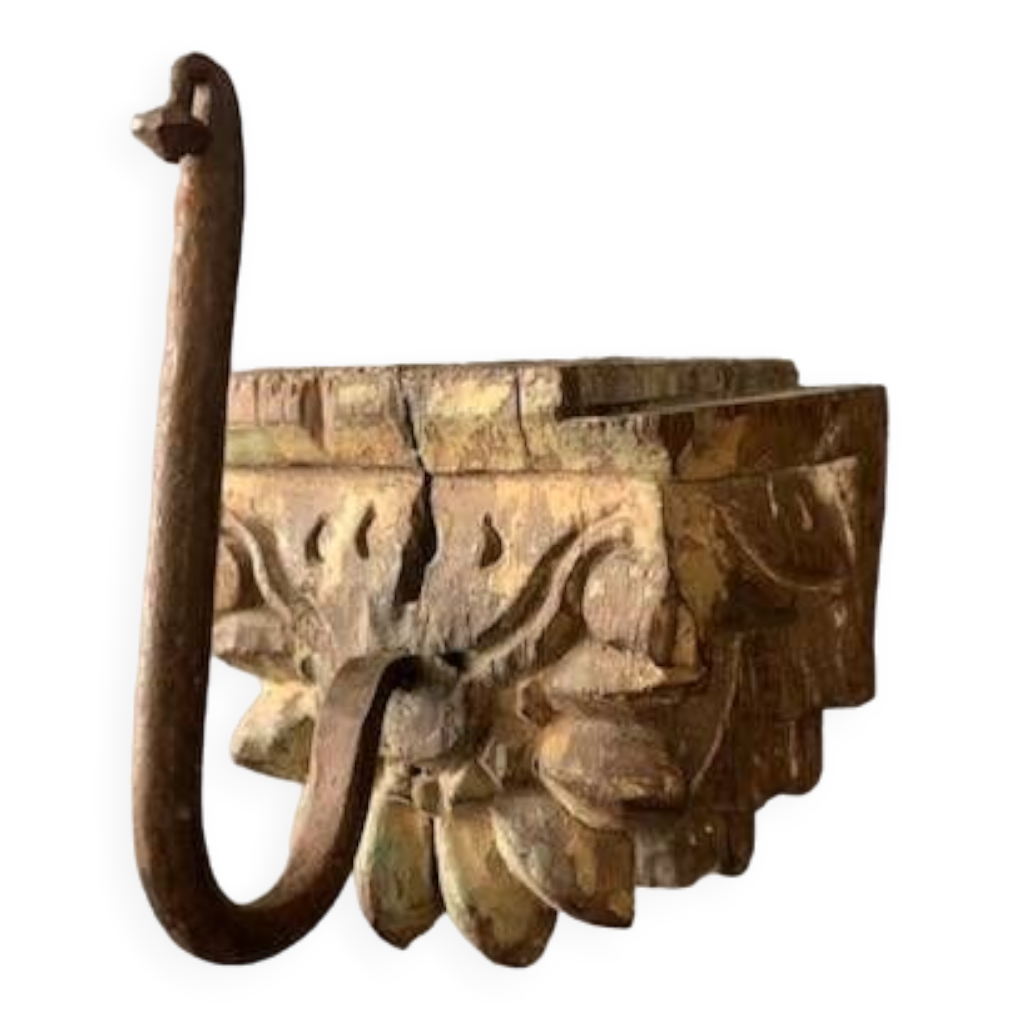 Wall hook in hand-carved wood and iron, antique, India, 1920