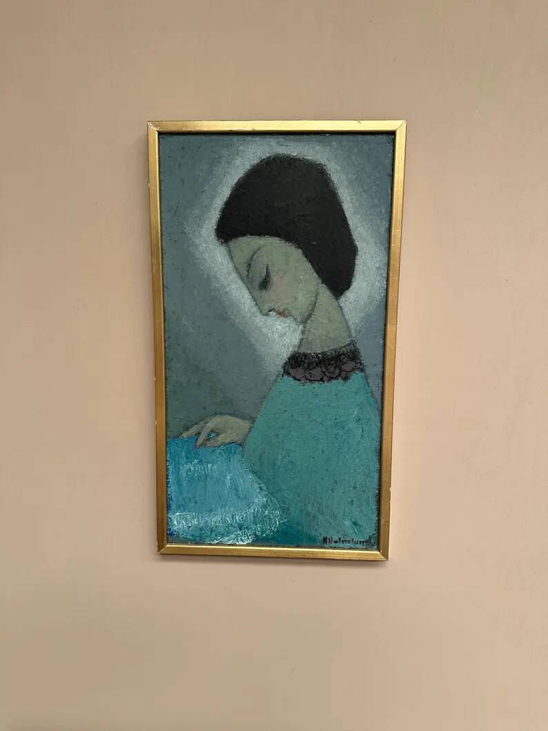 Original Swedish oil on canvas – "Lady" by Helge Holmlund – Signed – vintage and framed – 65 × 36.5 cm (25.6" × 14.4")