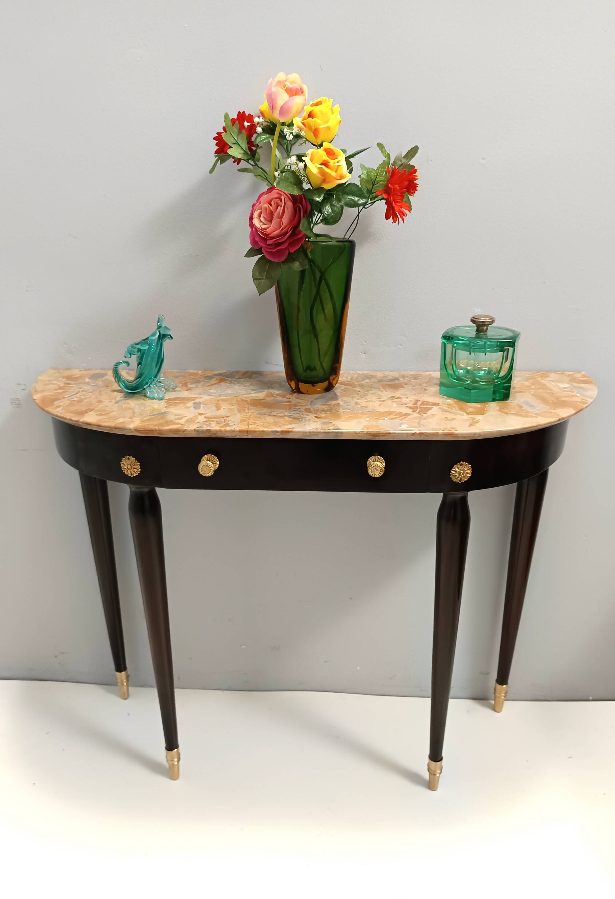 Ebonized Beech Console with a Demilune Macchiavecchia Marble Top attr. to Paolo Buffa