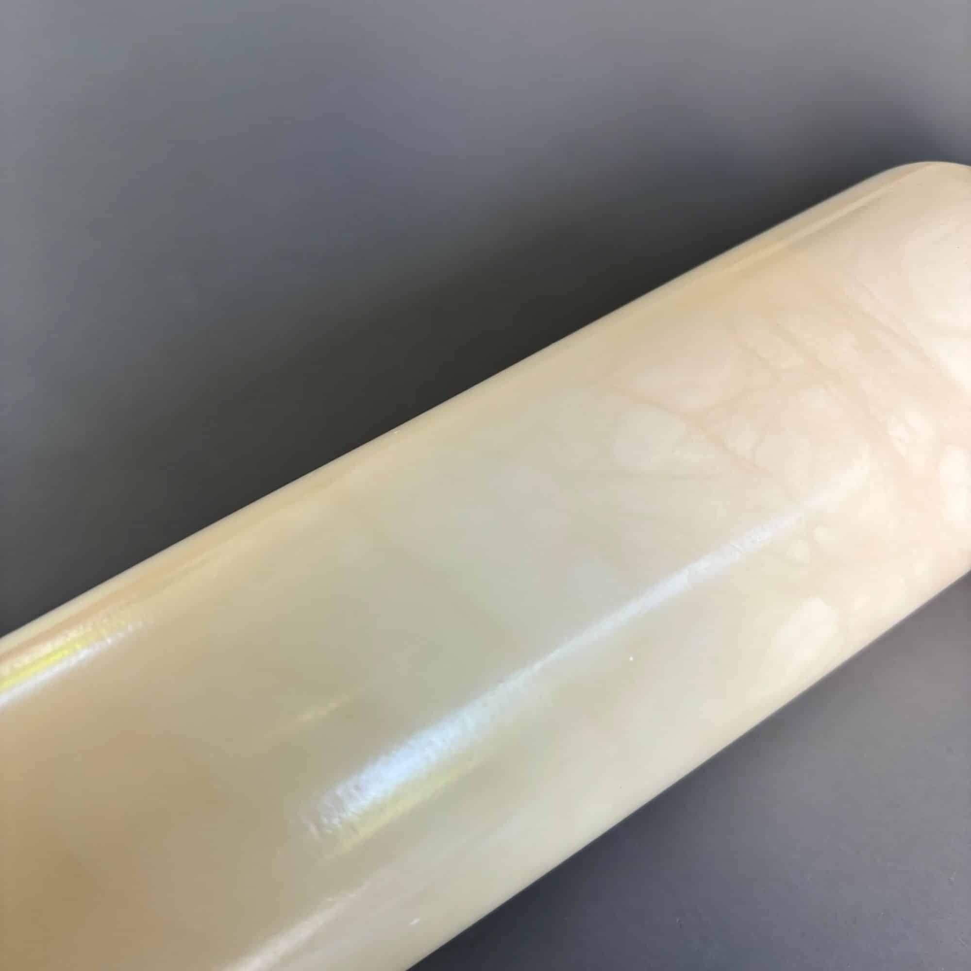 Vintage alabaster table lamp, soft yellow/cream, wicker shade