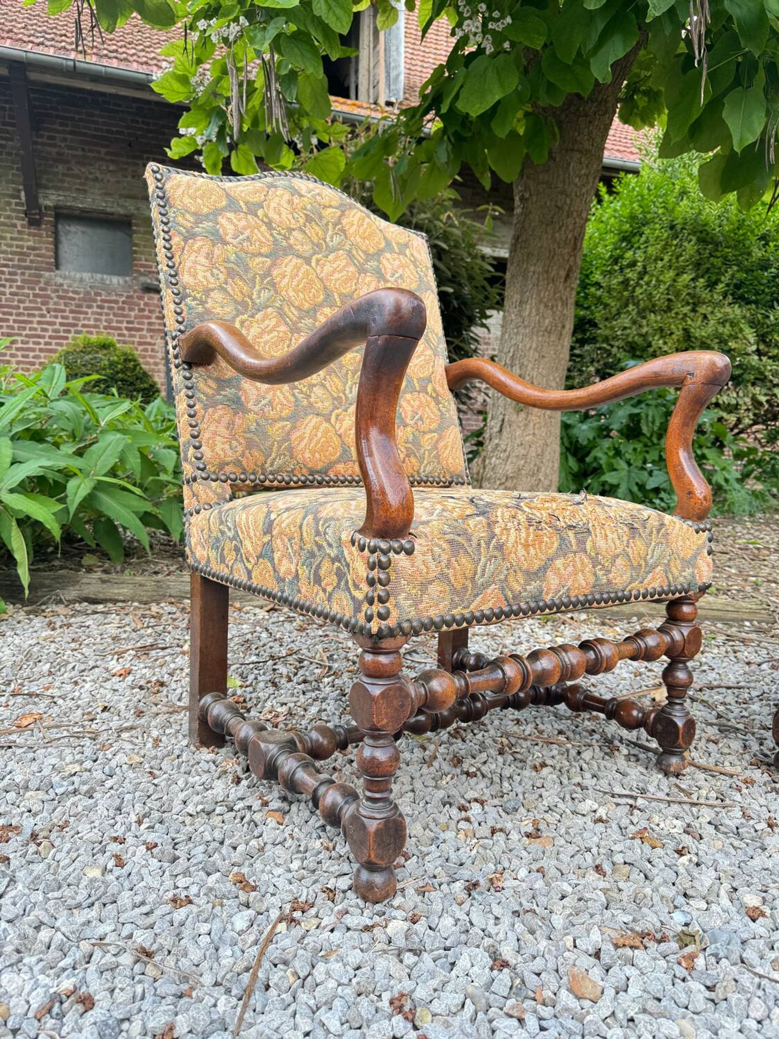 Pair of louis xiv period walnut armchairs, 17th century