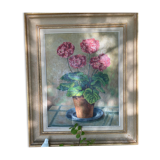 Large oil on coated panel "geraniums"