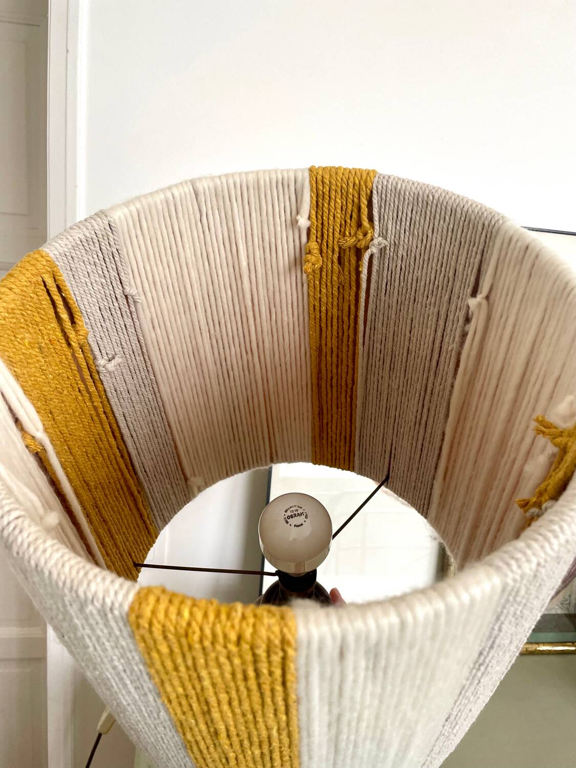 Large vintage lamp with turned wooden base, wool and rope striped lampshade