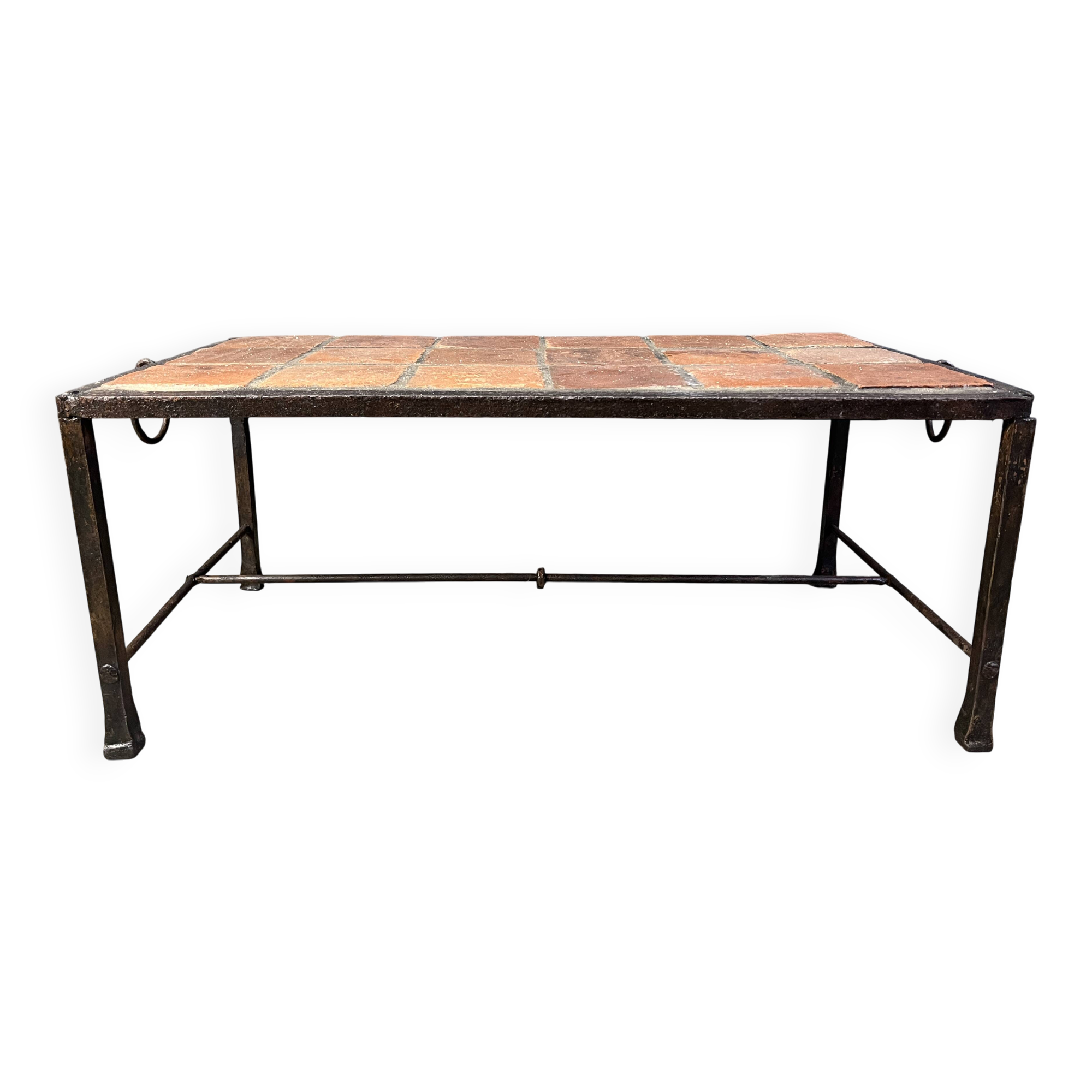 Spanish iron and ceramic tile coffee table, 1950s