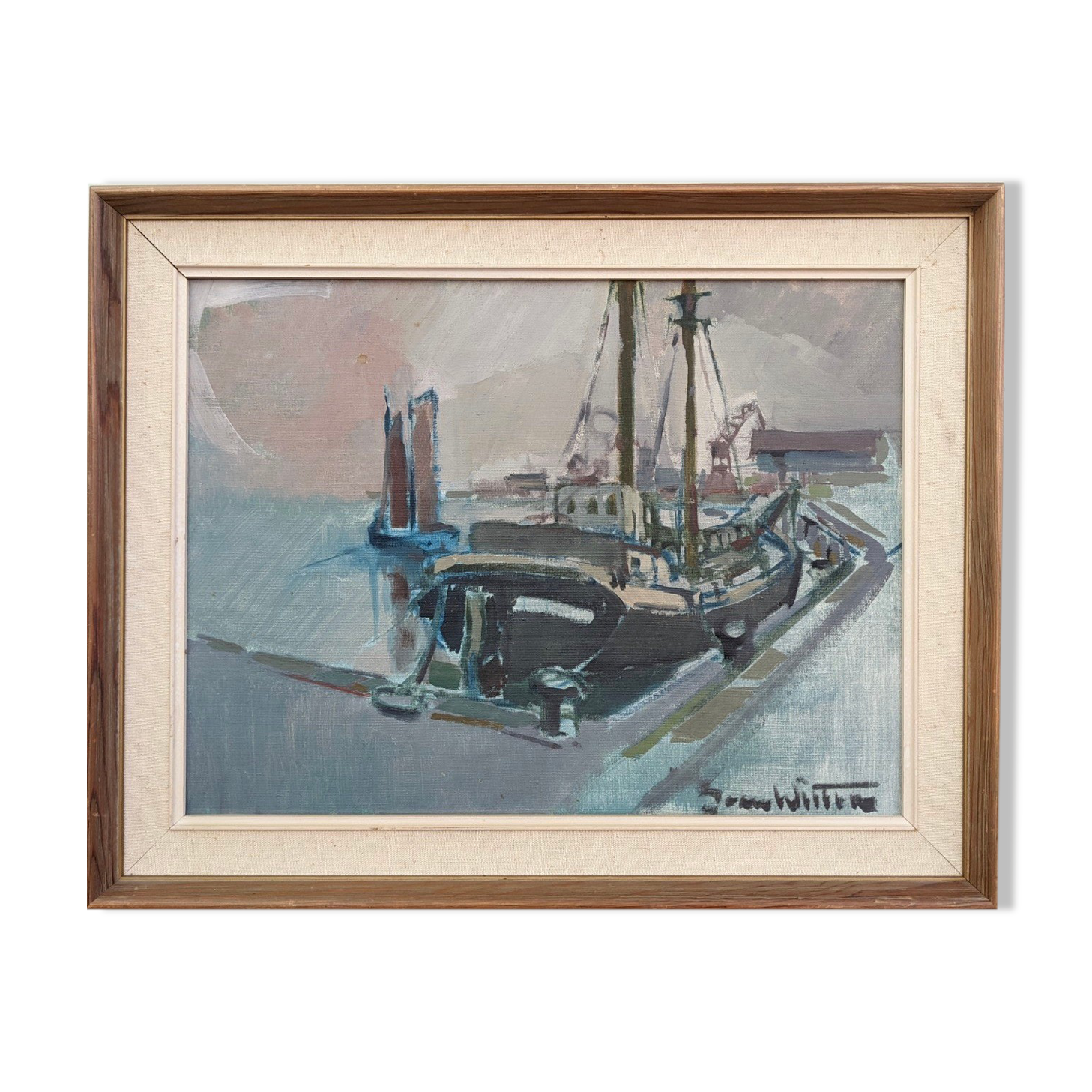 Mid 20th Century "Harbour Sundown" Swedish Modernist Coastal Scape Oil Painting, Framed