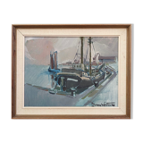 Mid 20th Century "Harbour Sundown" Swedish Modernist Coastal Scape Oil Painting, Framed