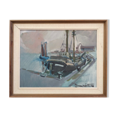 Mid 20th Century "Harbour Sundown" Swedish Modernist Coastal Scape Oil Painting, Framed
