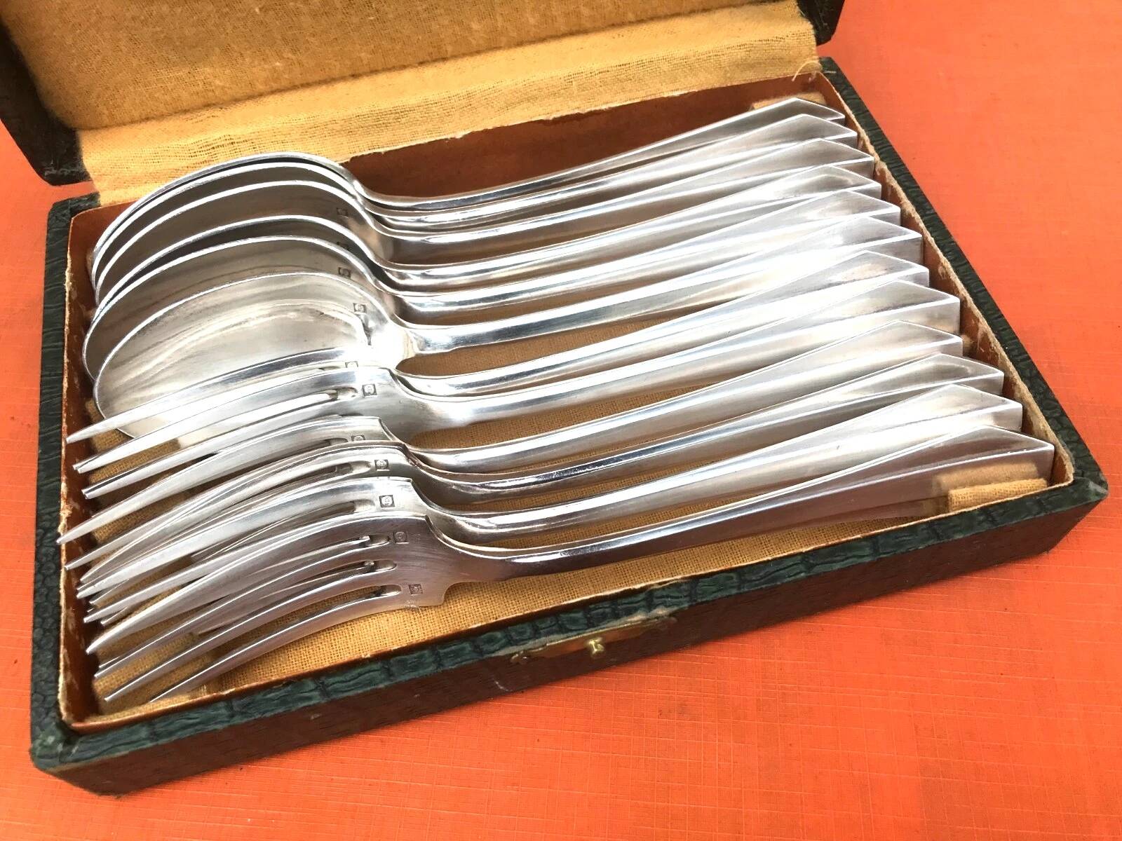 Art Deco Set of 6 forks and 6 large spoons, silver-plated metal, SNO REX