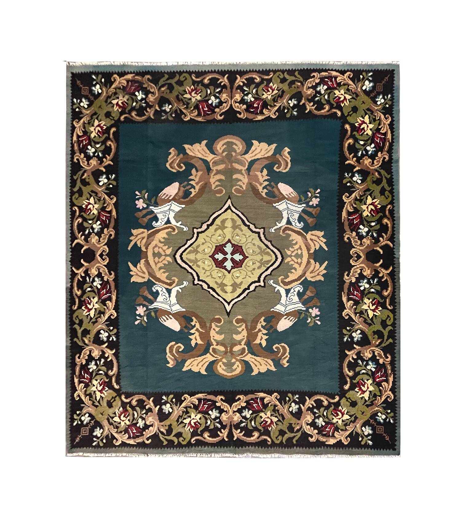 Teal Green Kilim Rug Handwoven Oriental Carpet Moldavian Area Square Rug