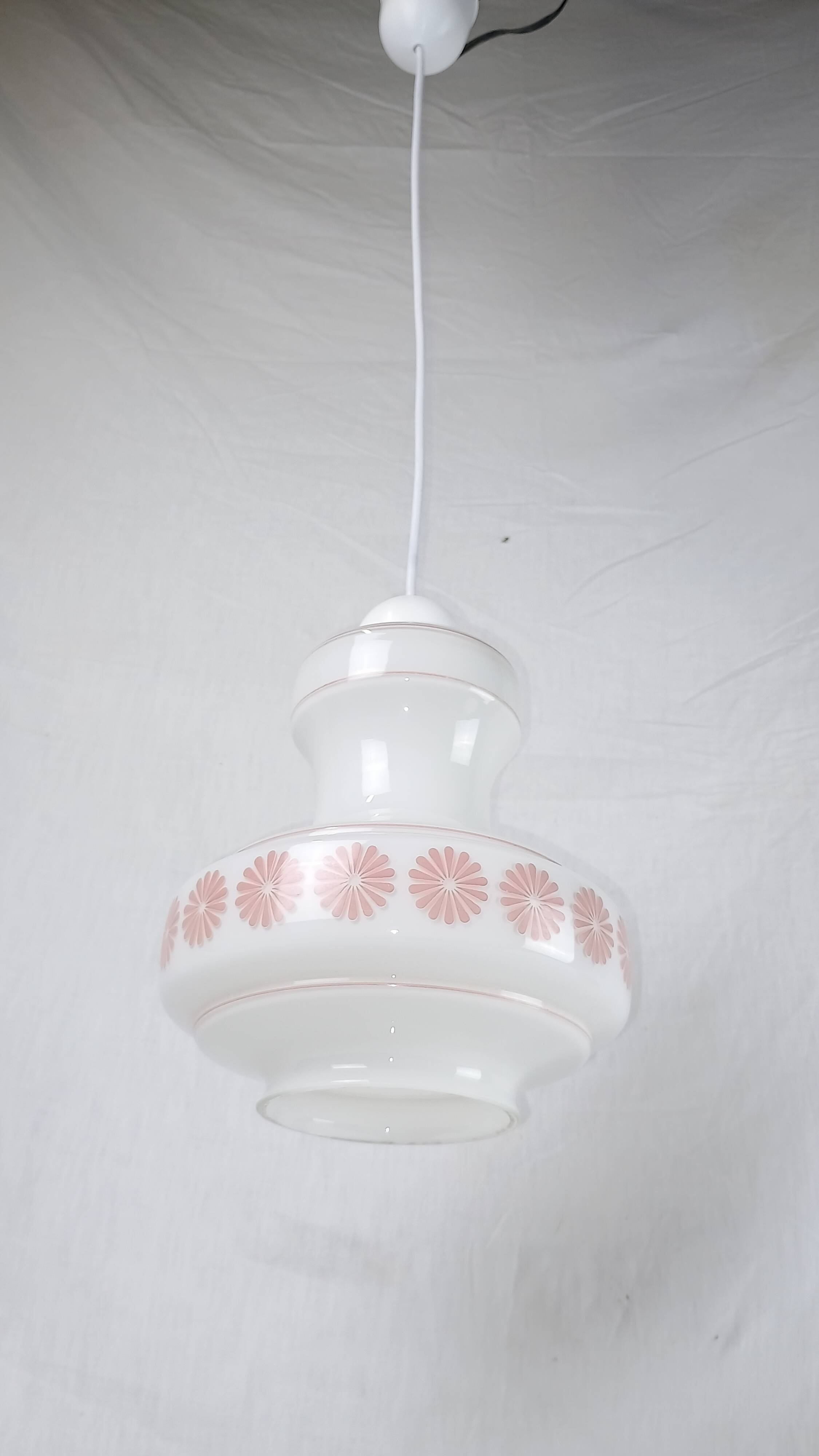 Vintage French pendant light in cream-white glass with pink flowers