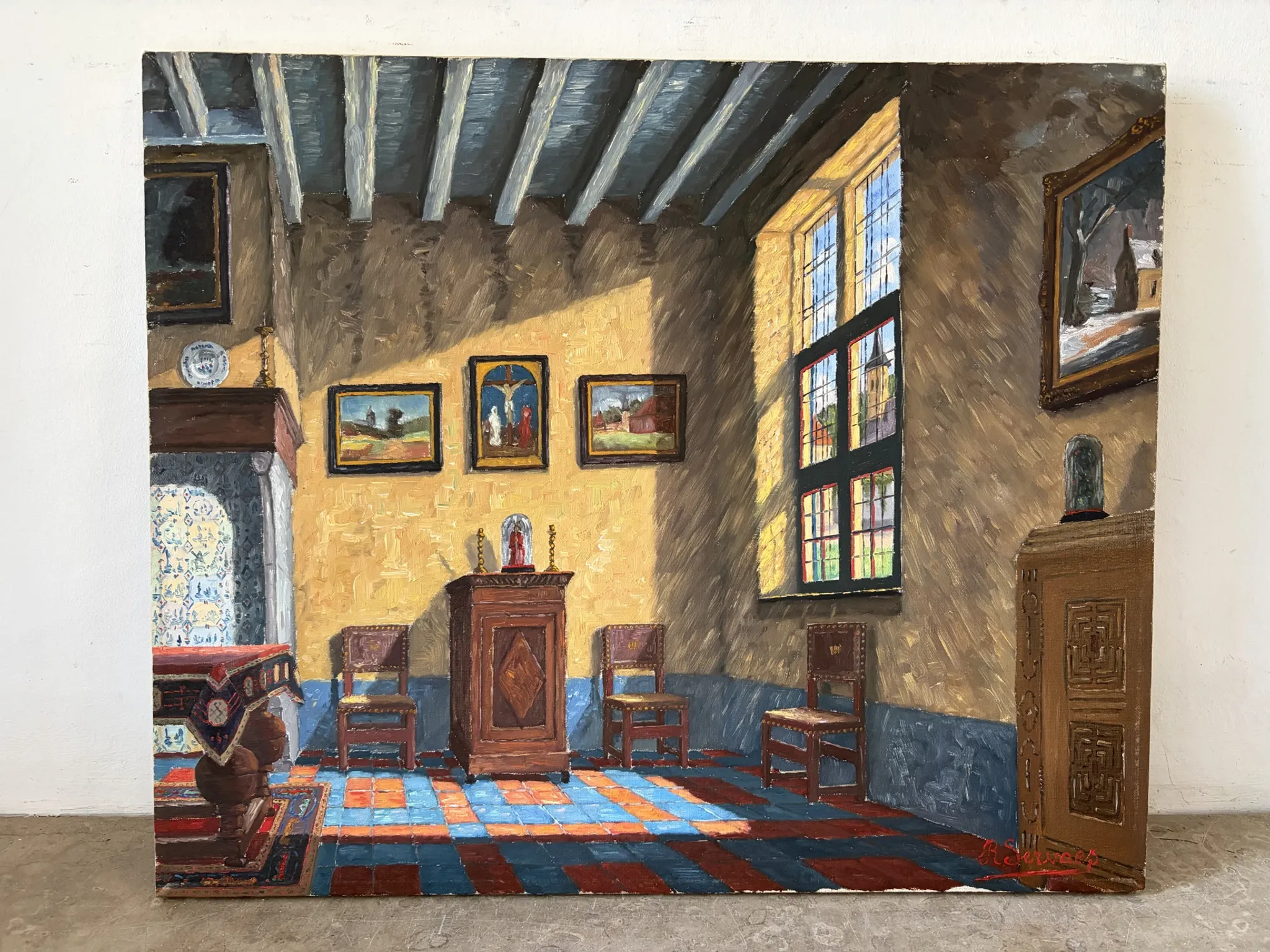 Interior of a Flemish house, oil on canvas signed
